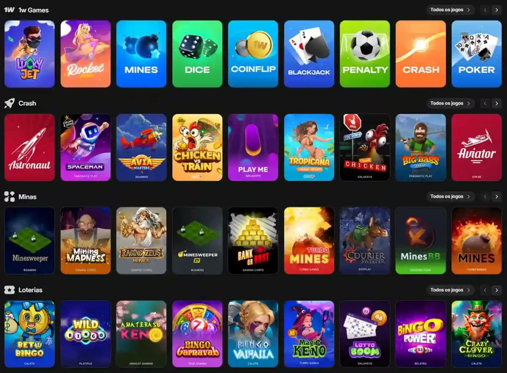 Interface do 1win com a seção de jogos Crash, incluindo Astronaut, Spaceman, Aviator, Chicken vs Train, Tropicana, Big Bass e outros títulos populares.