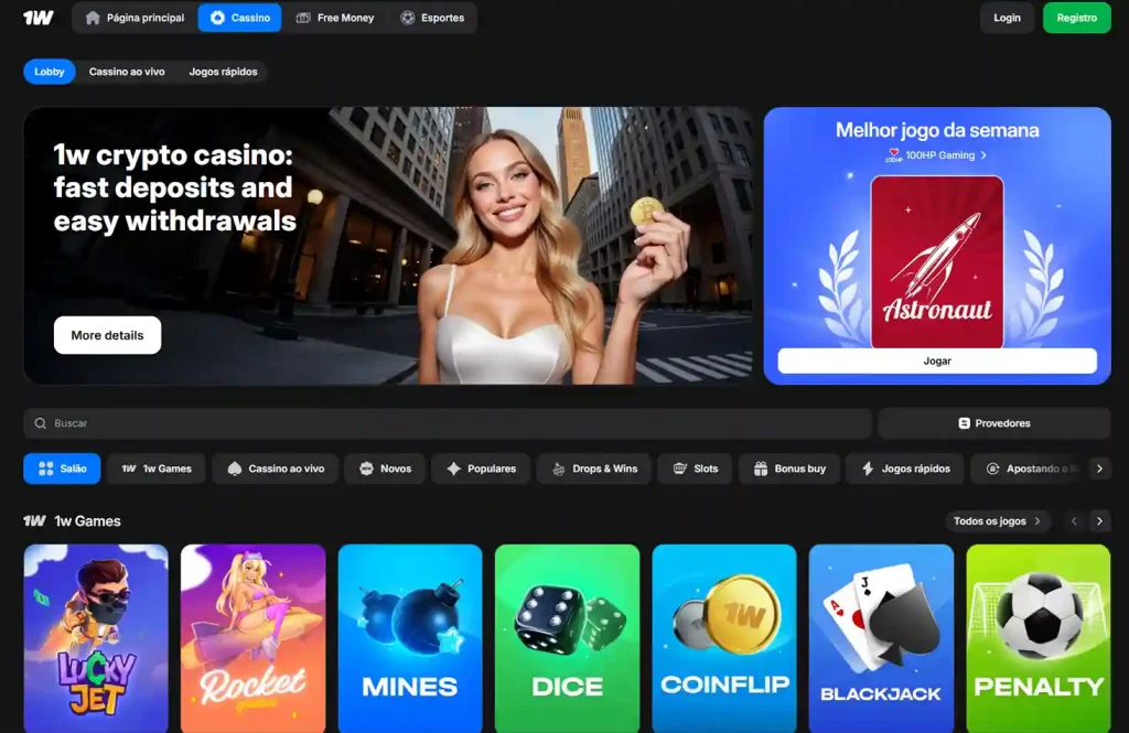 Página inicial do cassino 1win em português, com banner promocional destacando o jogo Astronaut e categorias de jogos na barra inferior.