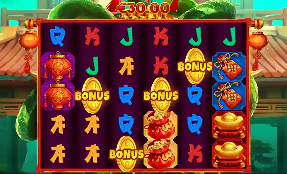 Reels do Fortune Snake exibindo vários símbolos BONUS e lanternas chinesas ao redor do tabuleiro