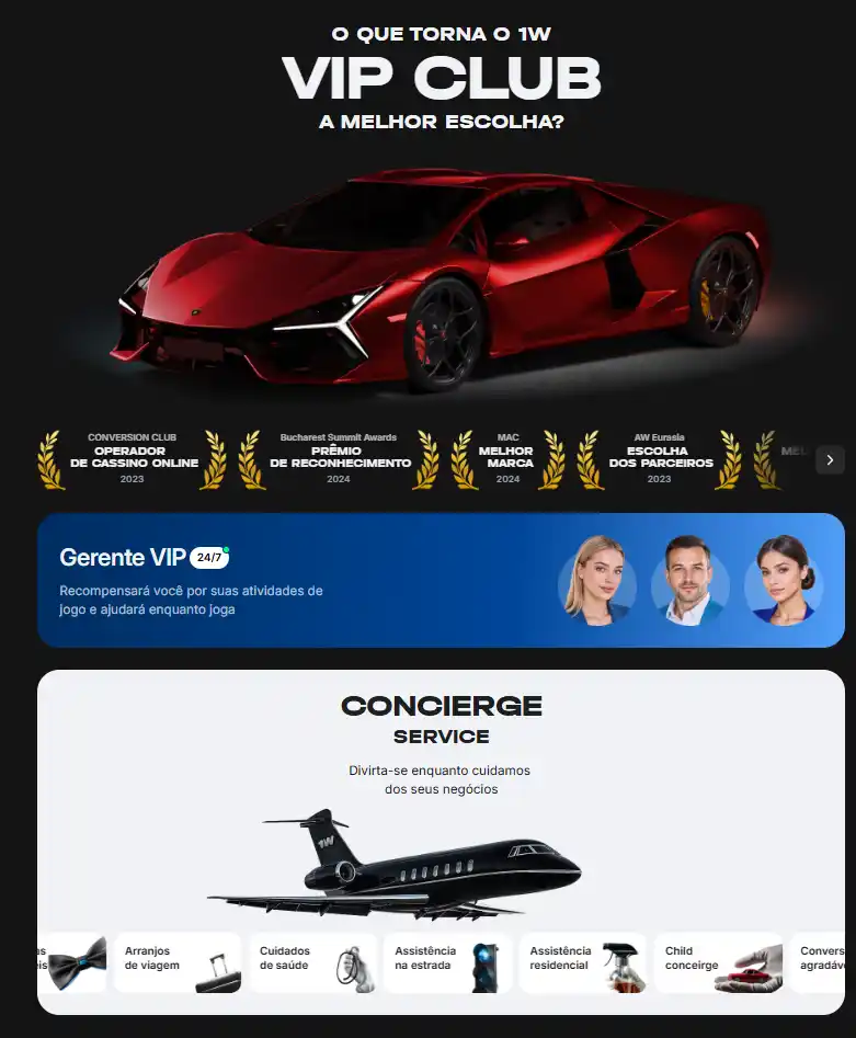 Banner do VIP Club 1win apresentando carro de luxo, prêmios e vantagens exclusivas para membros VIP no site brasileiro.