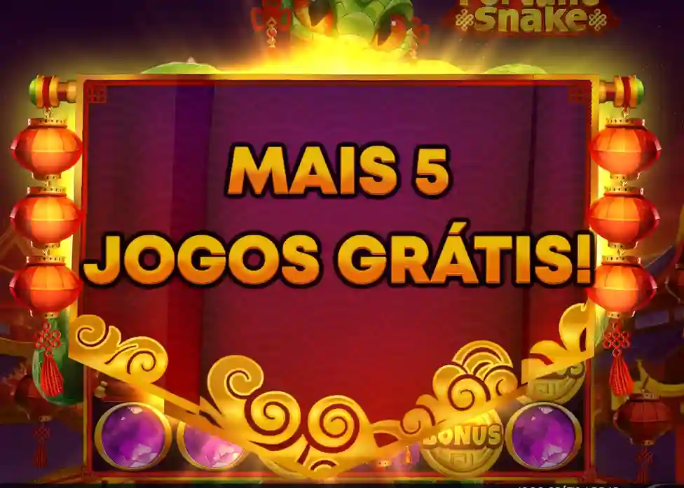 ela de bônus do Fortune Snake mostrando mensagem ‘Mais 5 Jogos Grátis!’ com moldura dourada e lanternas vermelhas