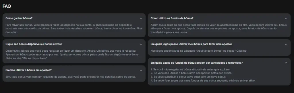 Seção FAQ do 1win em português, explicando como usar bônus, como ativar, regras, jogos disponíveis e condições de cancelamento.