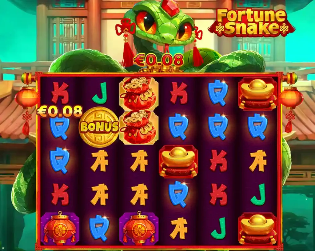 Fortune Snake bonus round screen with BONUS coin, snake symbol and €0.08 win