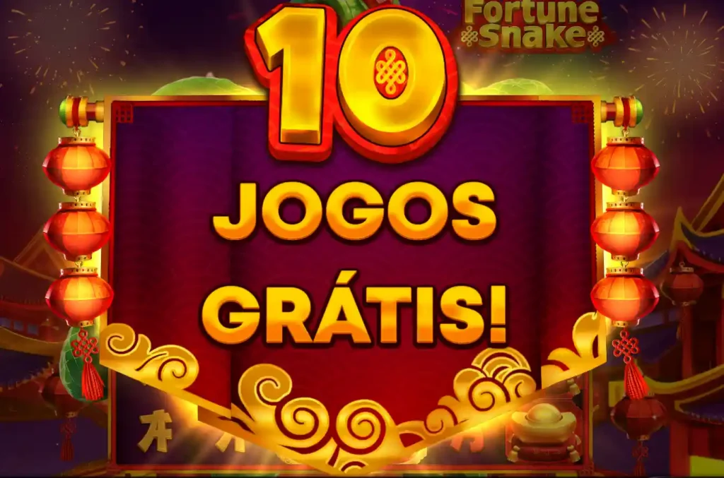 Tela de bônus do Fortune Snake exibindo mensagem ‘Mais 5 Jogos Grátis!’ com lanternas chinesas e moldura dourada.”
