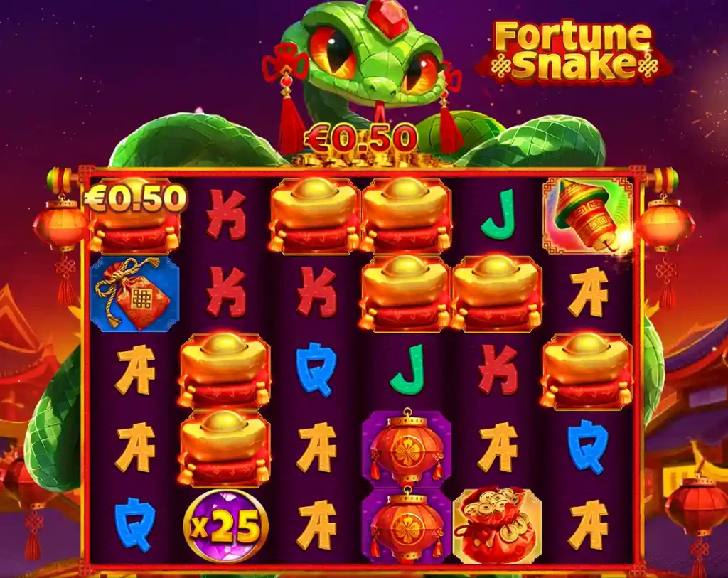 Fortune Snake slot gameplay with golden ingots, snake symbol and €0.50 win on the reels