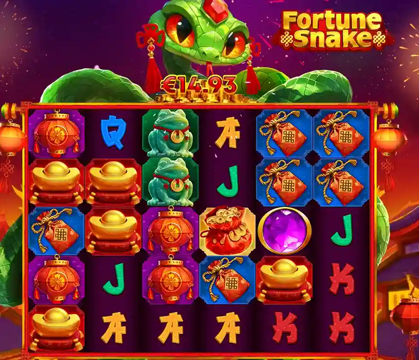 Tela do slot Fortune Snake com serpente verde acima das roletas e símbolos orientais durante giro vencedor.