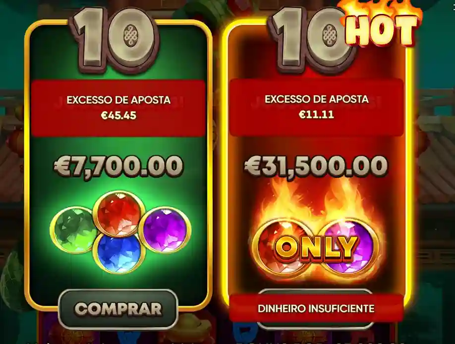 Opções de compra de bônus no slot Fortune Snake mostrando os modos 10 e 10 HOT, com preços €7.700 e €31.500, joias coloridas e aviso de excesso de aposta