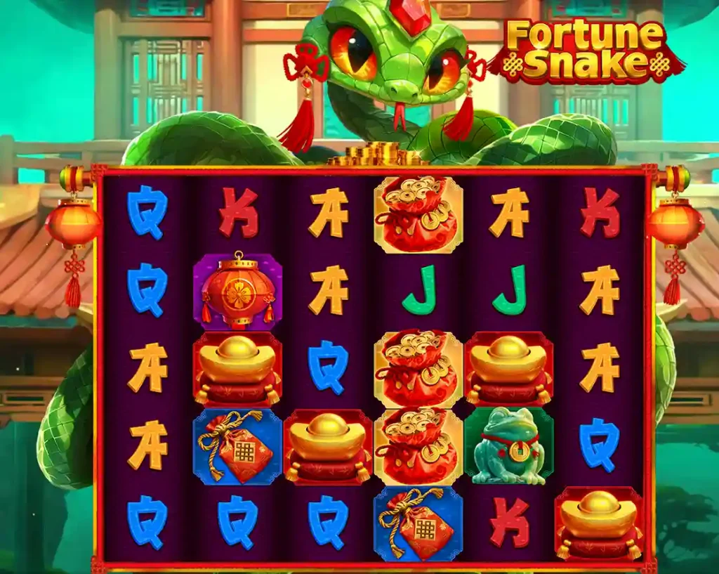 Fortune Snake slot game reels featuring Chinese symbols, gold ingots and lucky snake character