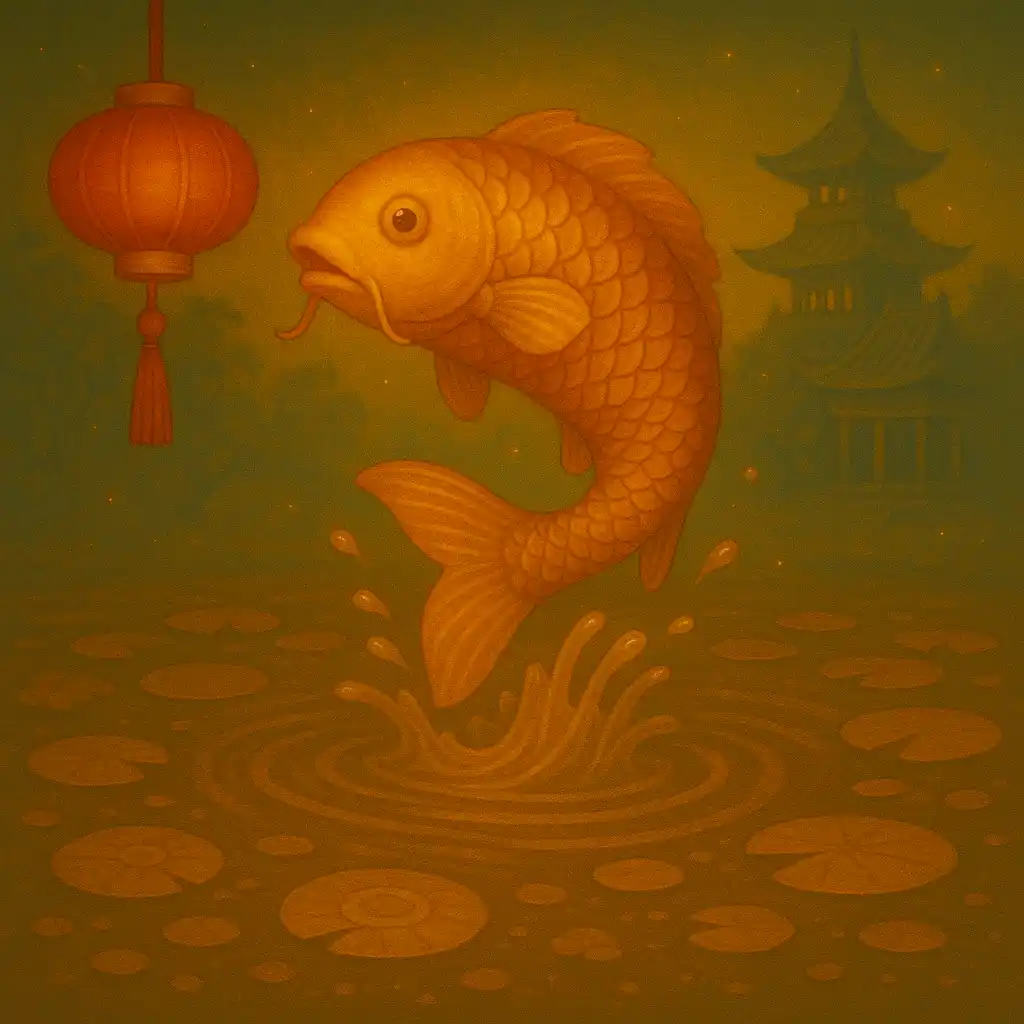 Carpa dourada saltando na água ao lado de lanterna chinesa no estilo do slot Fortune Snake