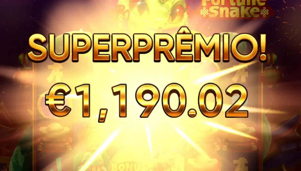 Superprêmio de €1.190,02 no slot Fortune Snake com explosão de luz e moedas douradas