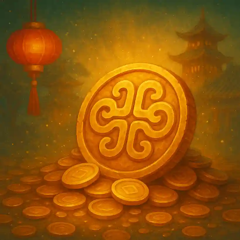 Grande moeda dourada com símbolo oriental sobre uma pilha de ouro, iluminada por lanternas chinesas em cenário inspirado no Fortune Snake