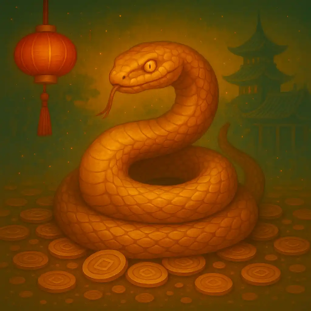 Cobra dourada do slot Fortune Snake sobre moedas chinesas com lanterna vermelha ao fundo
