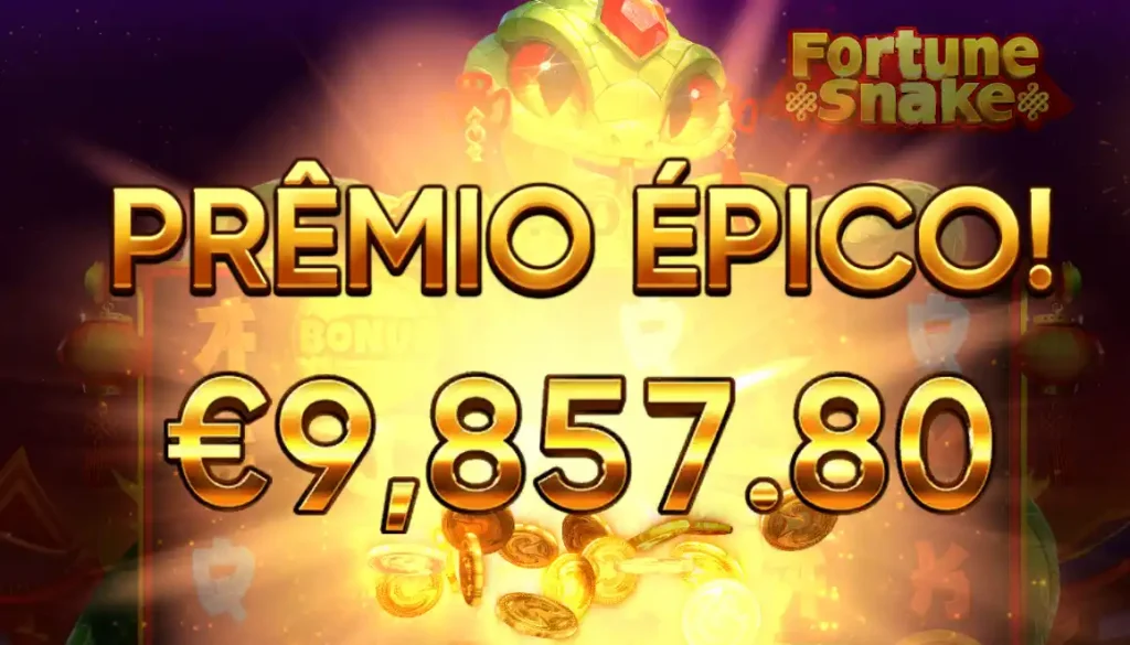 Prêmio épico de €9.857,80 no Fortune Snake com destaque de ouro e efeito de vitória